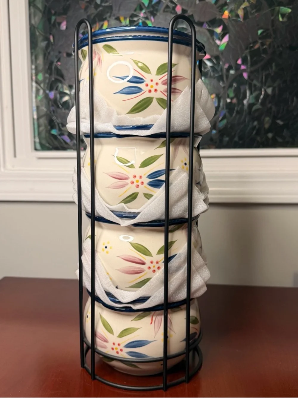 Temp-tations Old World 9pc 24oz Floral Soup Bowls w/ Metal Rack Stacking